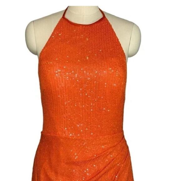 Mac Duggal Orange Sequin Formal Cocktail Halter Gown| Size 12 - Picture 7 of 12